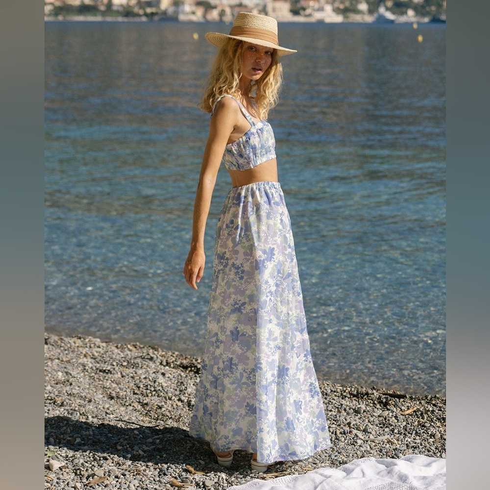 πͺ» SABO Venesa Maxi Skirt Crop Top Matching Set Blue Juniper Floral - Picture 2 of 16